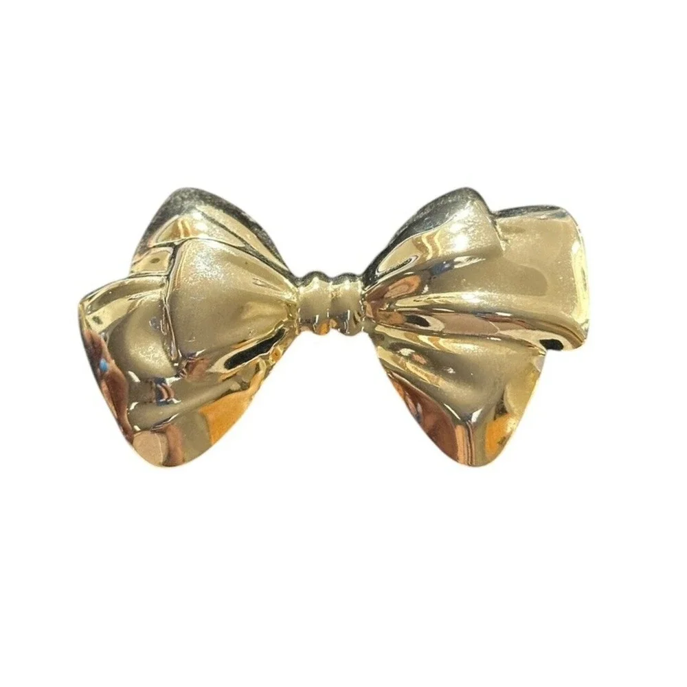 Vintage‎ Bow  Ribbon Brooch Gold Tone Dimensional  Bow Tie Brooch Large Puffy